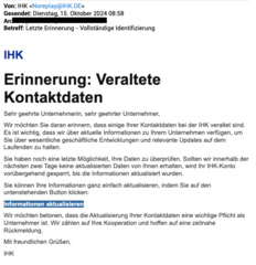 Vorsicht vor gefälschten E-Mails im Namen der IHK