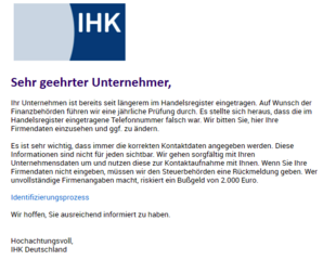 Hier sehen Sie ein Beispiel für eine betrügerische E-Mail im Namen der IHK