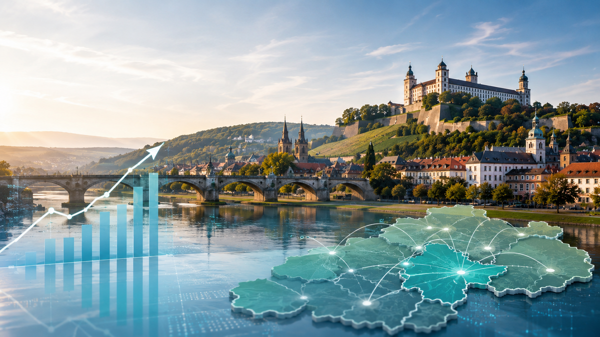 Foto der Stadt Würzburg mit grafischen Überlagerungen die eine Konjunkturanstieg symbolisieren